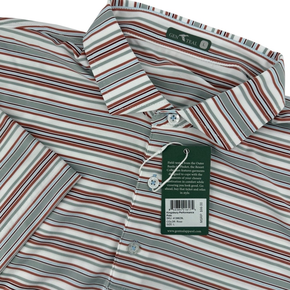 GenTeal Kingsbury Performance Polo Shirt Mens Large Rose Multi Stripe Golf NEW